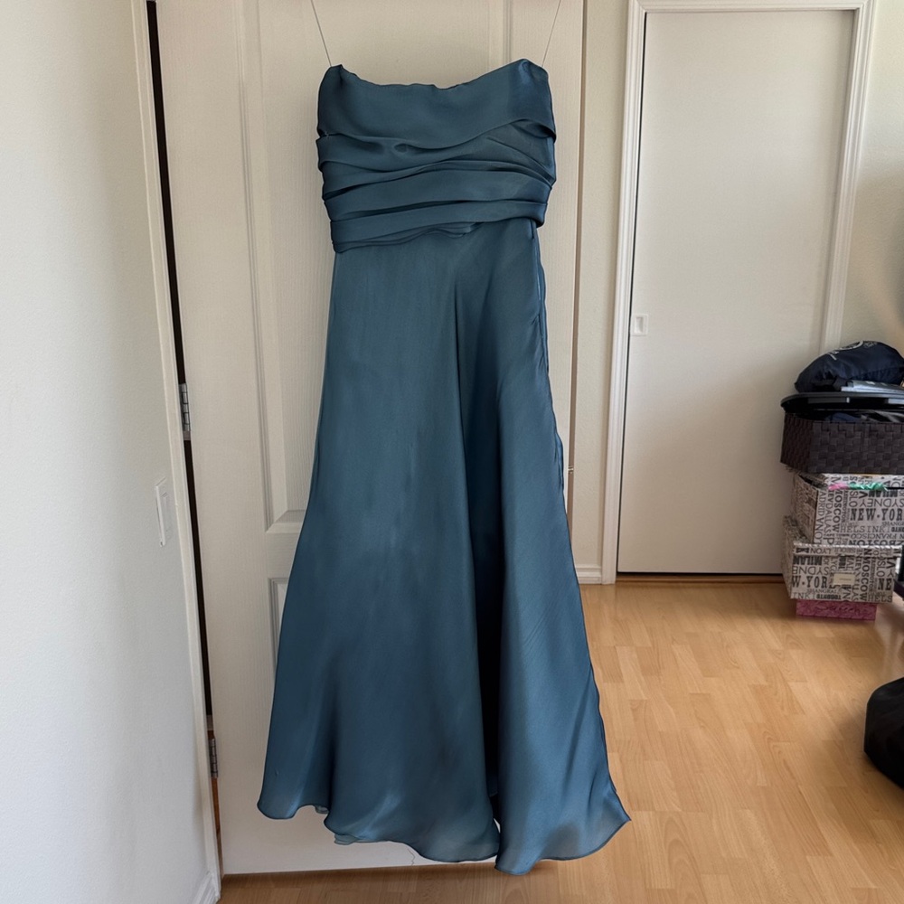 Ozgur Masur Satin Blue Strapless Evening Gown